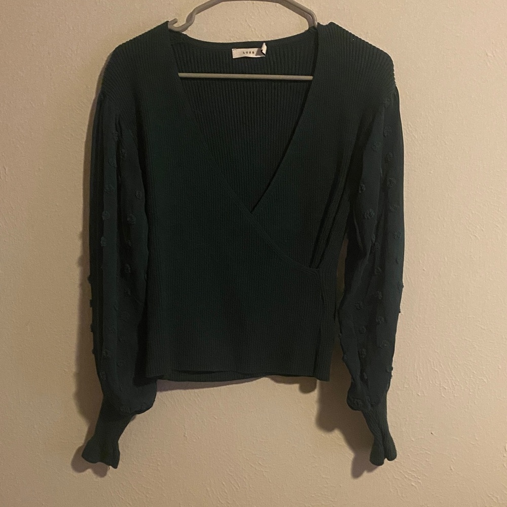 Vince Deep Green V-Neck Sweater with Chiffon Polka Dot Sleeves